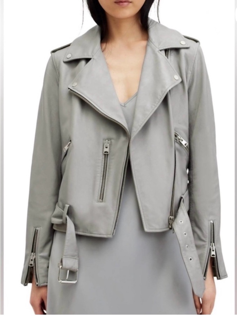 Womens Grey AllSaints Balfern Lamb Leather Biker Jacket UK 6 / US 2 Brand New